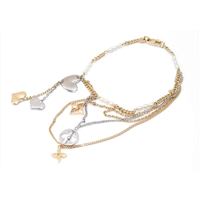 LouisVuitton路易威登 【Louis Vuitton 路易威登 】Q95018 Monogram花卉愛心吊飾珍珠串飾雙色18K金手鍊(絕版展示品)