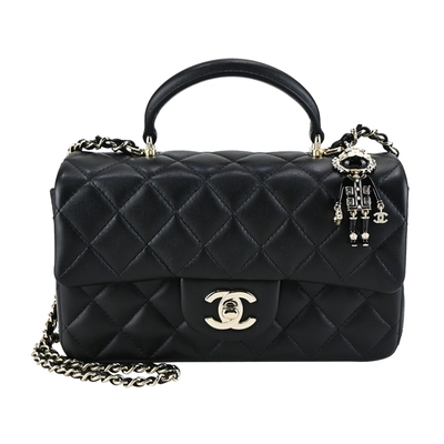 CHANEL香奈兒 CHANEL Mini Flap Handle經典菱格紋小羊皮淡金小獅子掛飾兩用包(黑色)