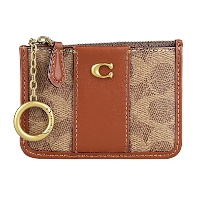COACH Signature仿舊金屬LOGO塗層帆布牛皮鑰匙圈拉鍊卡包(迷你/棕褐x焦糖)