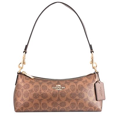 COACH 金屬LOGO印花皮革手提肩背包(古銅金)