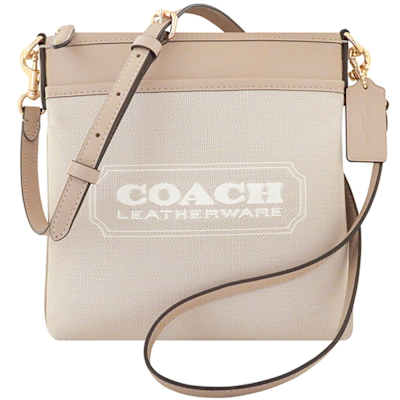 COACH 專櫃款奶茶色厚織帆布撞色拼接斜背包