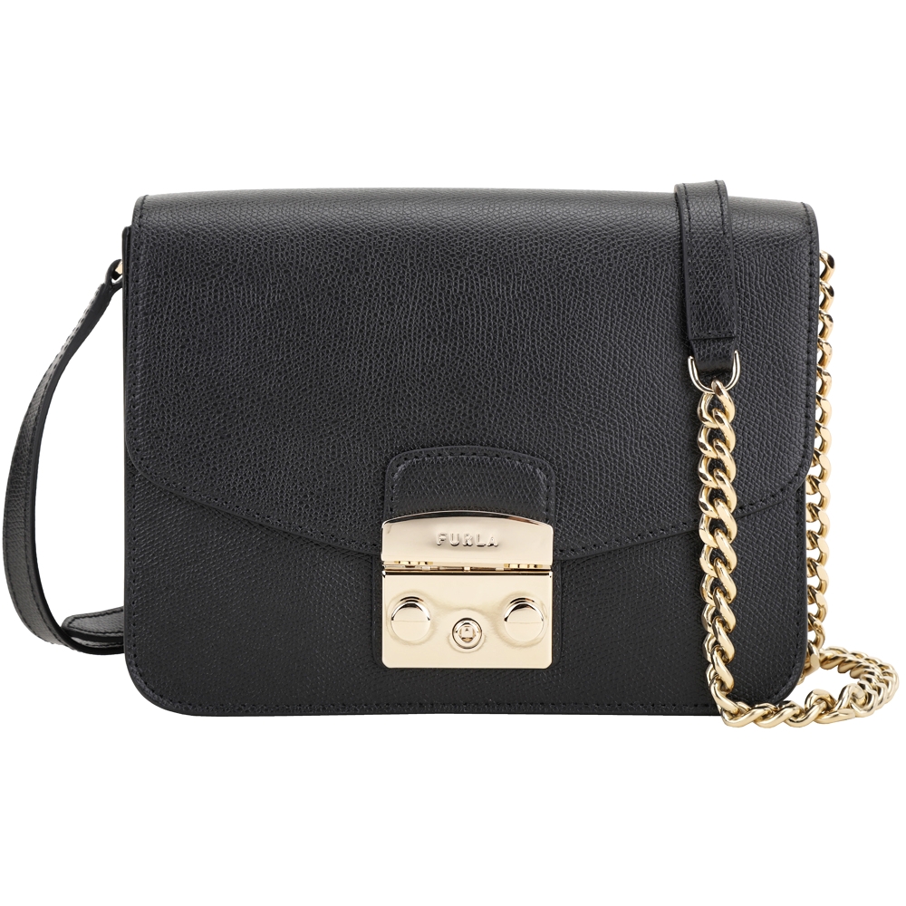 FURLA Metropolis 小款 壓紋牛皮鍊帶斜背包(黑色)