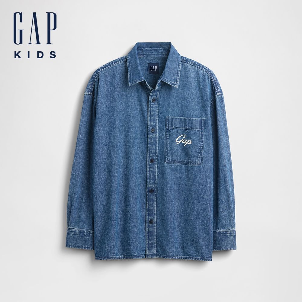 【GAP】兒童牛仔寬鬆襯衫-深色水洗(887241) (深色水洗)