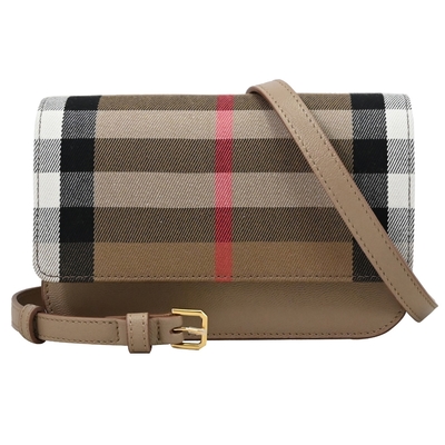 BURBERRY 巴寶莉 MADISON 格紋印花帆布拼接迷你斜背包(卡其邊)