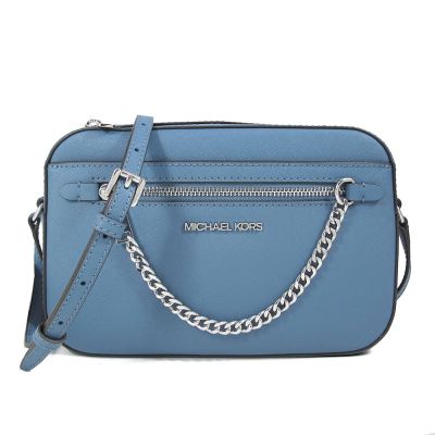 MICHAEL KORS Jet Set Item 銀字Logo防刮皮革銀鏈妝點斜背方包(矢車菊藍)