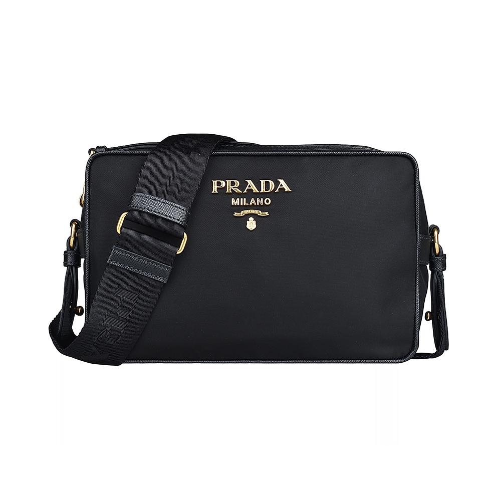 PRADA 普拉達  TESSUTO金字浮雕LOGO尼龍拉鍊斜背相機包(黑)