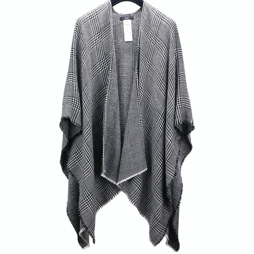 Max Mara-WEEKEND OGNUNO 100%羊毛 千鳥紋x人字紋黑白色短流蘇披肩 斗篷(160x130CM)