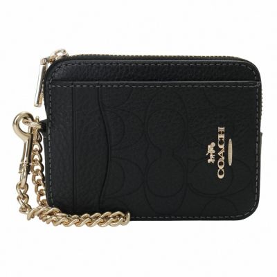 COACH 浮印LOGO皮革直式方盒鍊帶卡夾零錢包(黑色)
