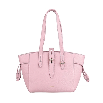 FURLA NET燙金LOGO璇扣設計小牛皮拉鍊肩背托特包(寶寶粉)