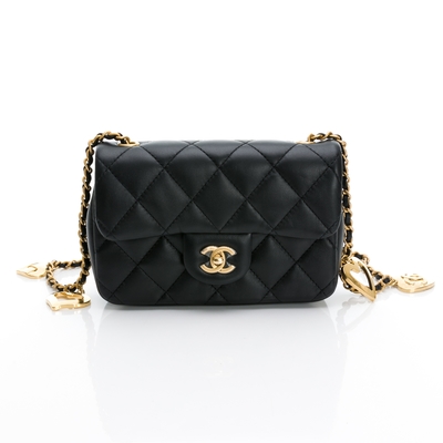 CHANEL香奈兒 Mini Flap bag 菱格紋小羊皮愛心鏈帶迷你口蓋肩背/斜背包(黑色/金釦)