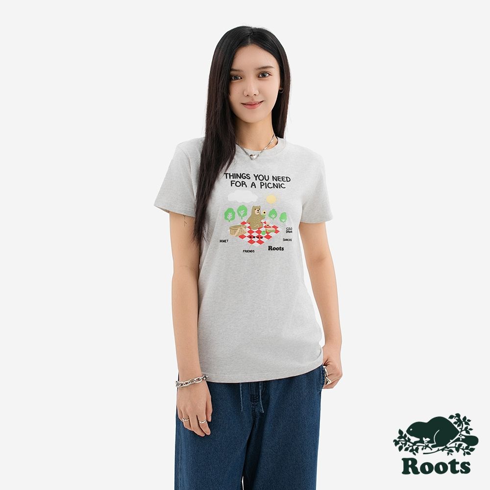 Roots 女裝- PICNIC ESSENTIALS 短袖上衣-白麻灰
