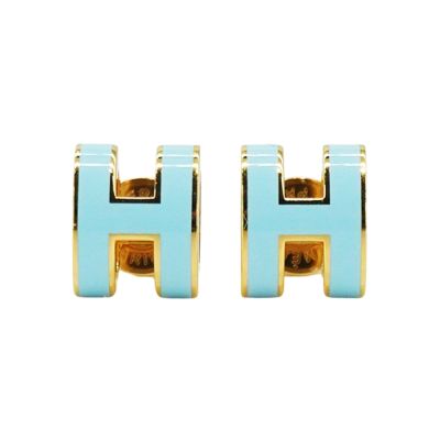 Hermes 愛馬仕 Pop H 立體簍空橢圓logo耳環-mini(暴風藍/金)