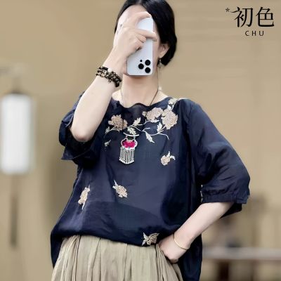 初色 民族風刺繡七分袖圓領寬鬆T恤上衣女上衣-共4色-14575(M-3XL可選)