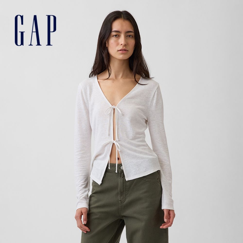 【GAP】柔軟亞麻混紡綁帶罩衫-清新白(898922) (清新白)
