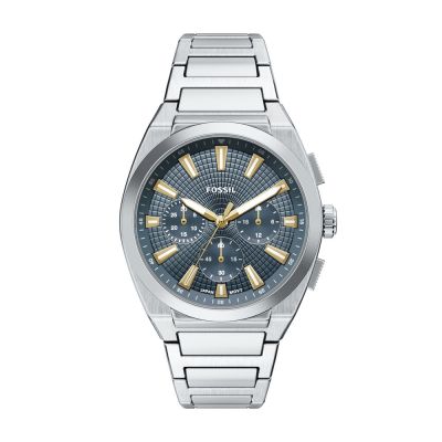 FOSSIL EVERETT系列 率性潮流三眼計時腕錶-銀X灰藍-FS6154