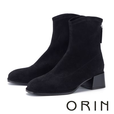 ORIN 嚴選彈力絨布中低粗跟短靴 絨黑