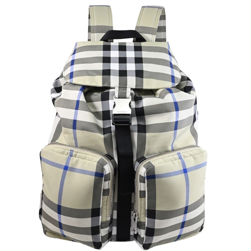 BURBERRY Check 格紋造型尼龍帆布混紡雙肩後背包(灰綠)