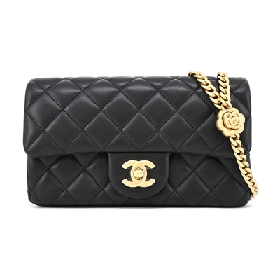 CHANEL香奈兒 CHANEL Mini Flap經典雙C LOGO菱格紋小羊皮山茶花調節鏈帶肩背/斜背包(黑色)