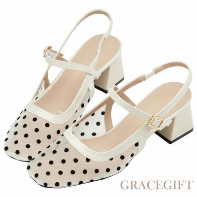 【Grace Gift】日系方頭波點網紗後空跟鞋 米白