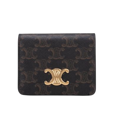 CELINE  Triomphe 凱旋門帆布LOGO金扣短夾(棕色)