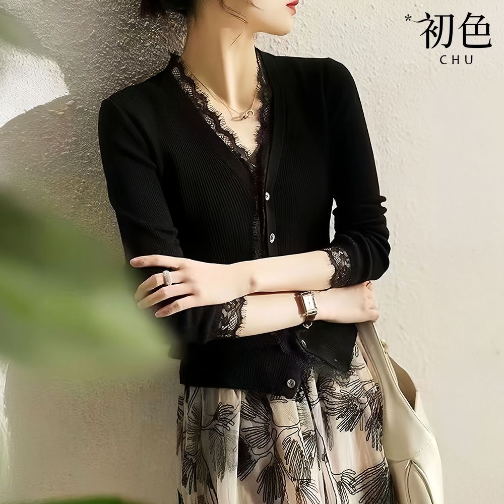 初色 通勤風純色V領排釦蕾絲拼接長袖針織開衫襯衫上衣女上衣-黑色-53979(F可選)
