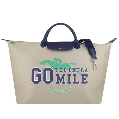 Longchamp LE PLIAGE 卡其色賽馬圖繪帆布斜背/手提大旅行袋