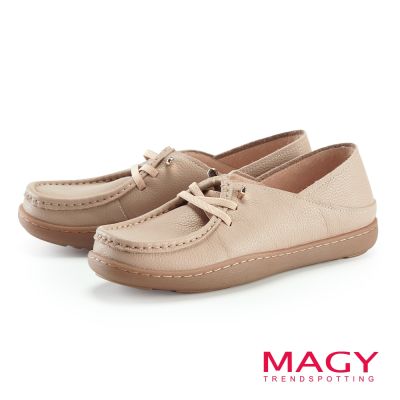 MAGY 後踩式兩穿牛皮休閒平底鞋 粉色