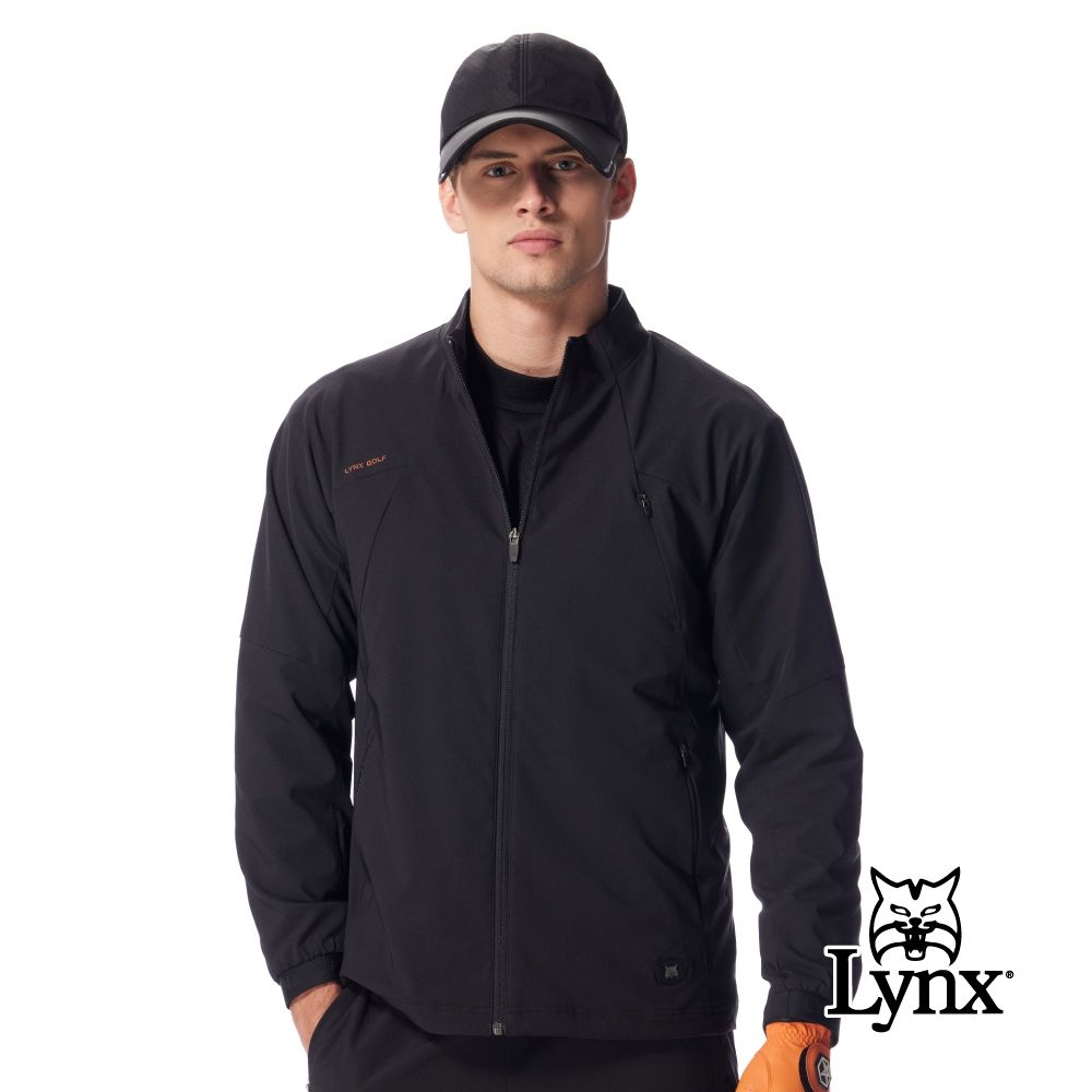 【Lynx Golf】首爾高桿風格！男款吸濕快乾彈性刷毛內裡三口袋立領風衣夾克(三色) (黑色)