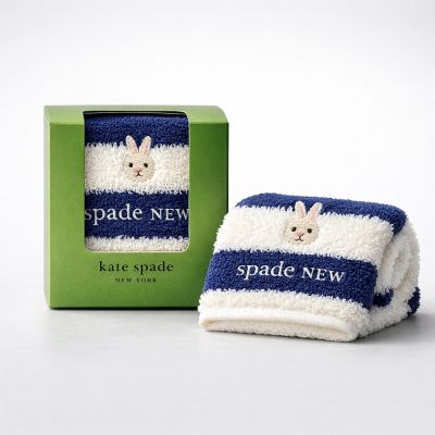 KATE SPADE NEW YORK 兔子刺繡條紋手帕｜純棉毛巾方巾｜附包裝禮盒款 海軍藍色 25×25cm