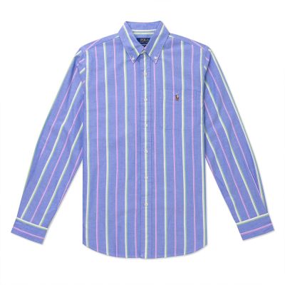 Polo Ralph Lauren RL 熱銷刺繡小馬長袖襯衫-藍底彩色直條紋色