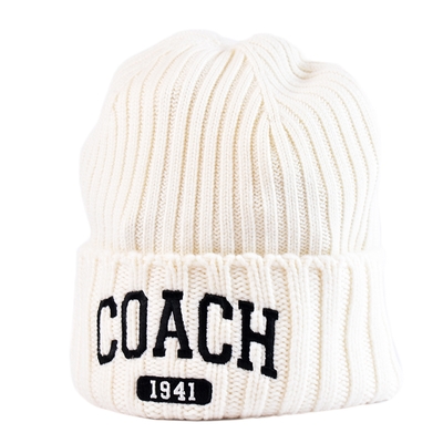 COACH 刺繡品牌羊毛帽-白色