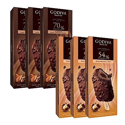 【GODIVA】54%黑巧克力夏威夷果仁/70%黑巧克力熟可可杏仁脆粒雪糕；任選6支(冰淇淋/冰棒/甜品/甜點)