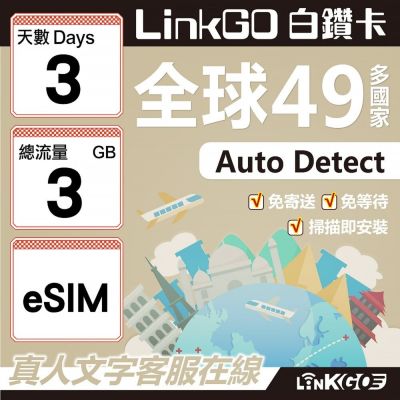 LINKGO白鑽卡 全球49國 eSIM卡 3天上網絡卡 總流量3GB(全球網絡卡 亞洲 歐洲 美洲 大洋洲 非洲)