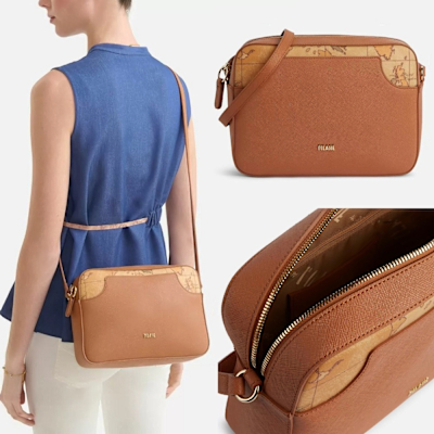 Alviero Martini 義大利地圖包 地圖元素 簡約素面側背包-咖啡色