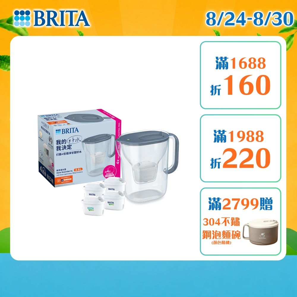 【BRITA官方】 Style純淨濾水壺(石灰藍/霧光白)3.6L+MXPRO去水垢專家3入(共4芯)