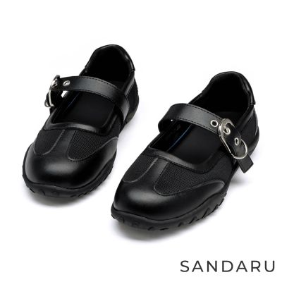 山打努SANDARU-瑪莉珍 拼接皮帶扣休閒瑪莉珍鞋-黑
