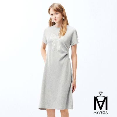 MYVEGA麥雪爾 MA圓領蝴蝶結縫珠A字洋裝-灰