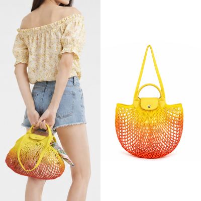 LONGCHAMP LE PLIAGE FILET系列漸層網狀棉質手提/肩背兩用包(黃x橘)