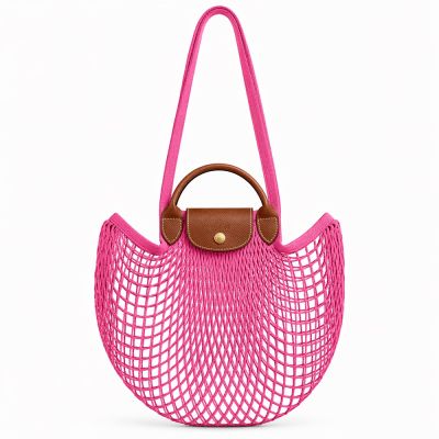 LONGCHAMP LE PLIAGE FILET系列網狀棉質手提/肩背兩用包(大/糖果粉)