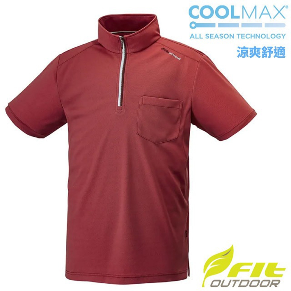 【FIT】男 COOLMAX 立領短袖口袋上衣.半開襟拉鍊套頭衫.休閒運動上衣_ZS1108-28 焦糖色