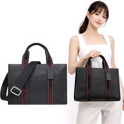 COACH 黑色荔枝紋皮革手提/斜背兩用包-大型