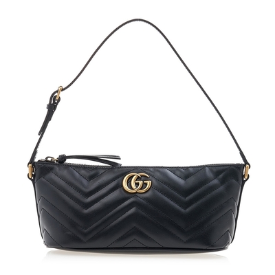 【  GUCCI 古馳  】739166 經典Marmont系列金釦絎縫牛皮手提肩背包腋下包(黑色)