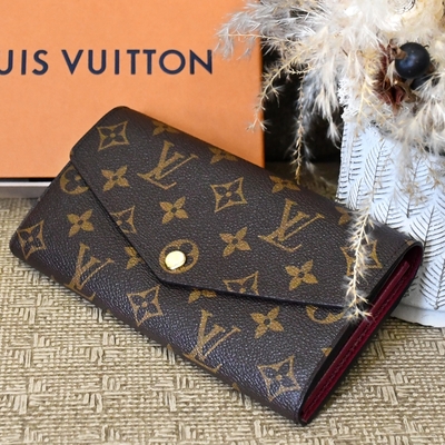 LOUIS VUITTON路易威登 LV M62234 經典老花皮革壓紋扣式長夾(紫紅)