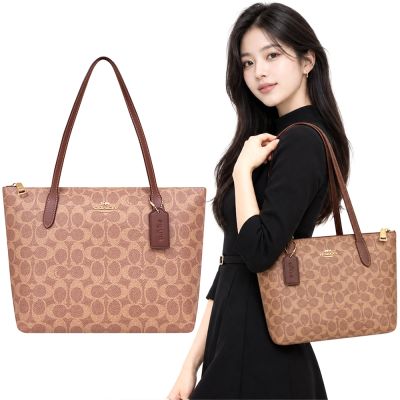 COACH 咖啡棕色大C PVC手提/托特包-中型