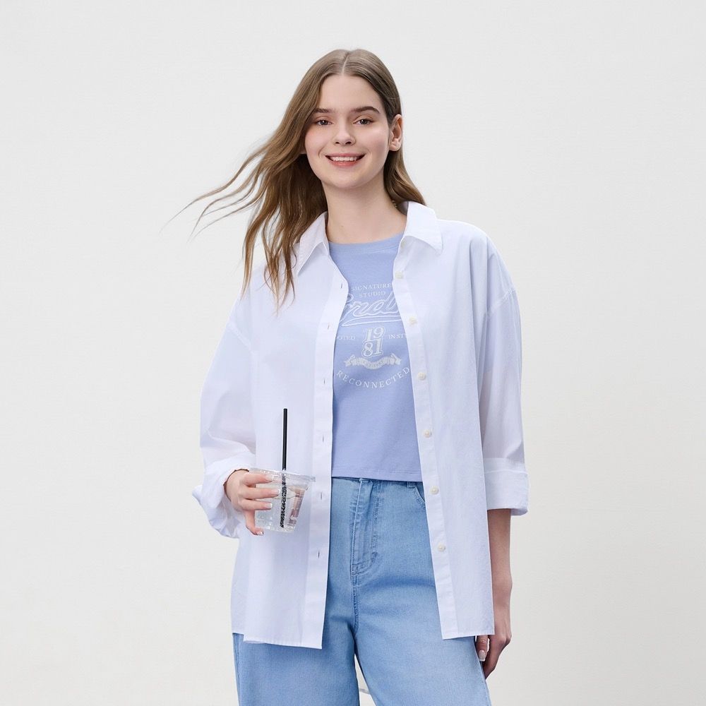 GIORDANO 女裝純棉寬鬆長袖襯衫 - 01 標誌白