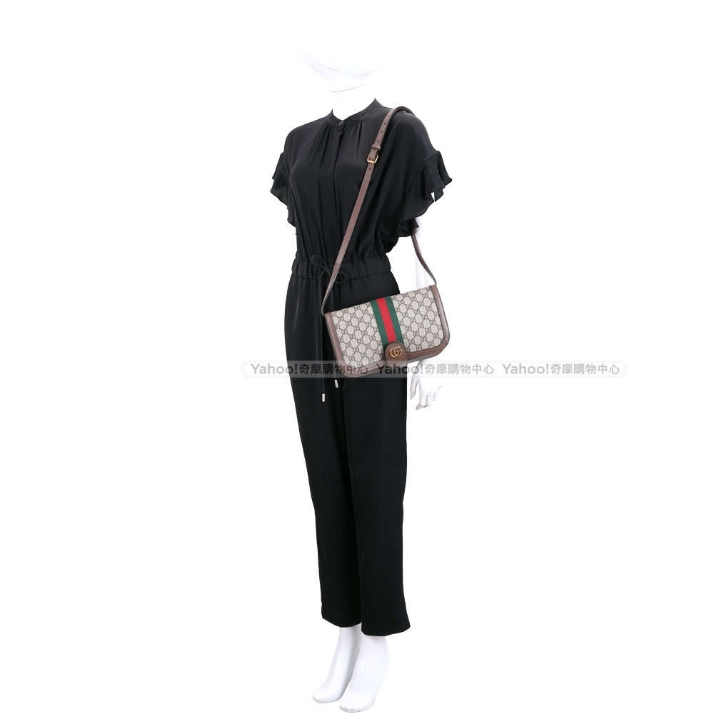 GUCCI 古馳Ophidia 經典織帶手拿/斜背風琴包(烏木色) 斜背包/鍊帶包