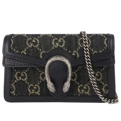 GUCCI古馳 Dionysus Jumbo GG 帆布酒神手拿/斜背包 GUCCI古馳 Dionysus Jumbo GG 帆布斜揹包,黑色系設計,外層為牛仔布與牛皮拼接,內層為皮革質地,附原廠防塵袋與品牌說明小卡。尺寸為上長15.5cm、下長16.5cm,寬4cm,高10.5cm,背帶長度120cm不可調整,適合女性日常使用,義大利原產,商品。