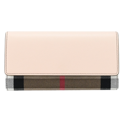 BURBERRY HALTON 經典格紋帆布拼接釦式長夾(淺粉邊)