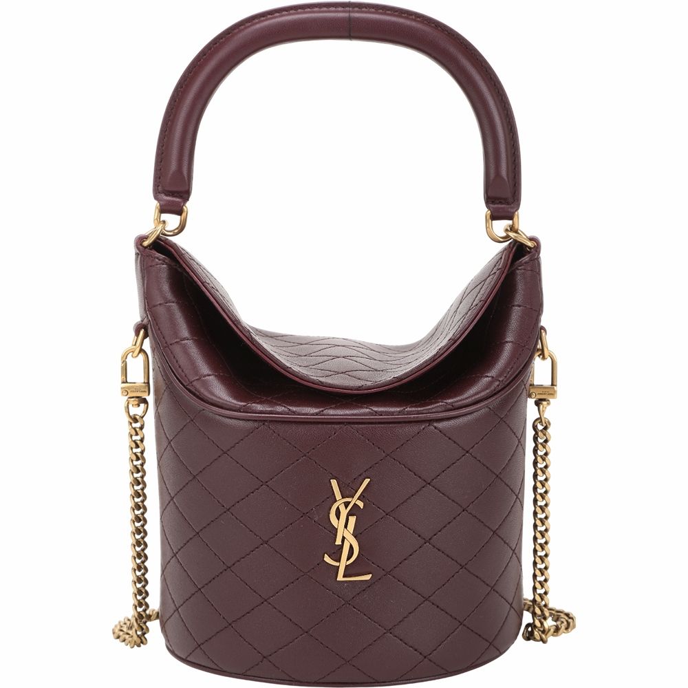 YSL Saint Laurent Gaby 菱格絎縫小羊皮半硬挺手提 肩斜背水桶包(酒紅)