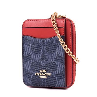 COACH 緹花LOGO鍊帶證件零錢包-單寧藍/紅